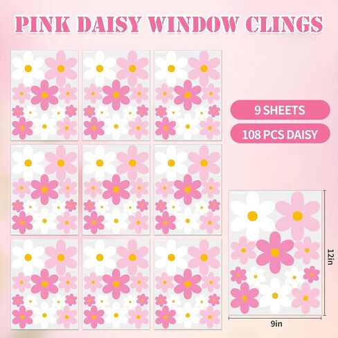 AOWDIAO 108 Pcs Daisy Window Clings - Pink & White Flower Double-Sided Glass Stickers - Spring Summer Decorations for Home, Office, School in Saudi Arabia