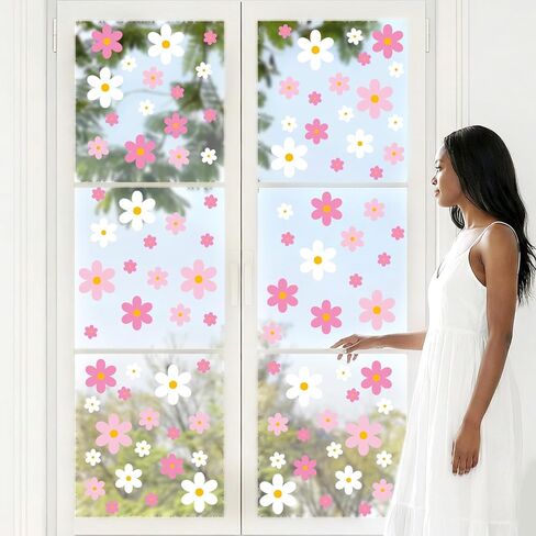 AOWDIAO 108 Pcs Daisy Window Clings - Pink & White Flower Double-Sided Glass Stickers - Spring Summer Decorations for Home, Office, School in Saudi Arabia