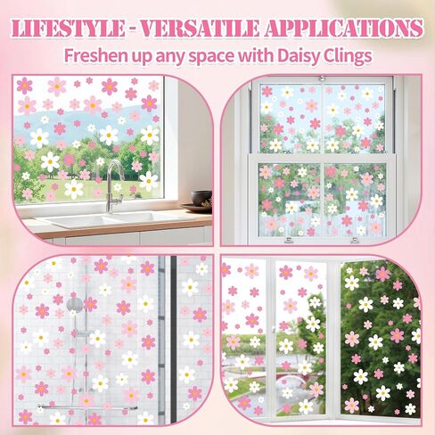 AOWDIAO 108 Pcs Daisy Window Clings - Pink & White Flower Double-Sided Glass Stickers - Spring Summer Decorations for Home, Office, School in Saudi Arabia