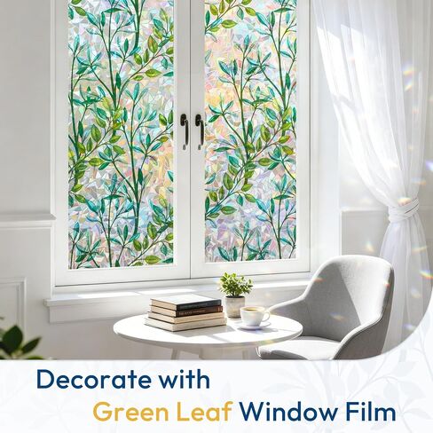 rabbitgoo Window Privacy Film, Stained Glass Window Film Decorative, 3D Rainbow Static Cling Colorful Decals, UV Blocking Non-Adhesive Coverings for Home Door, Green Leaf, 17.5" x 78.7" in Kuwait