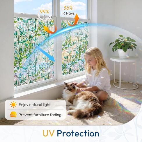 rabbitgoo Window Privacy Film, Stained Glass Window Film Decorative, 3D Rainbow Static Cling Colorful Decals, UV Blocking Non-Adhesive Coverings for Home Door, Green Leaf, 17.5" x 78.7" in Kuwait