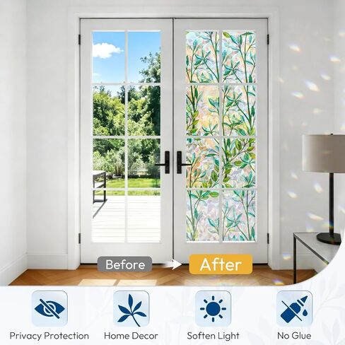 rabbitgoo Window Privacy Film, Stained Glass Window Film Decorative, 3D Rainbow Static Cling Colorful Decals, UV Blocking Non-Adhesive Coverings for Home Door, Green Leaf, 17.5" x 78.7" in Kuwait