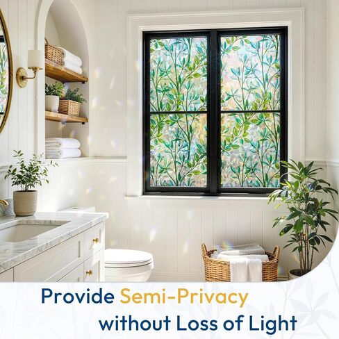 rabbitgoo Window Privacy Film, Stained Glass Window Film Decorative, 3D Rainbow Static Cling Colorful Decals, UV Blocking Non-Adhesive Coverings for Home Door, Green Leaf, 17.5" x 78.7" in Kuwait