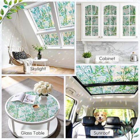 rabbitgoo Window Privacy Film, Stained Glass Window Film Decorative, 3D Rainbow Static Cling Colorful Decals, UV Blocking Non-Adhesive Coverings for Home Door, Green Leaf, 17.5" x 78.7" in Kuwait