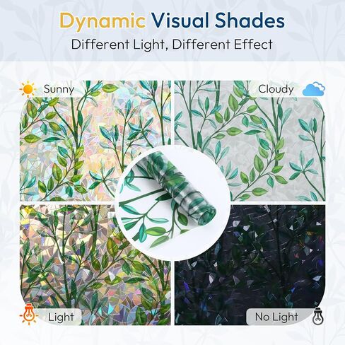 rabbitgoo Window Privacy Film, Stained Glass Window Film Decorative, 3D Rainbow Static Cling Colorful Decals, UV Blocking Non-Adhesive Coverings for Home Door, Green Leaf, 17.5" x 78.7" in Kuwait