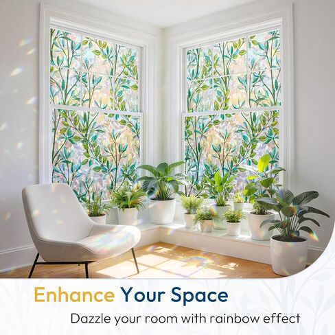 rabbitgoo Window Privacy Film, Stained Glass Window Film Decorative, 3D Rainbow Static Cling Colorful Decals, UV Blocking Non-Adhesive Coverings for Home Door, Green Leaf, 17.5" x 78.7" in Kuwait