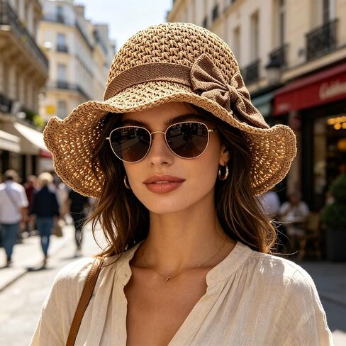 Versatile Retro Woven Handmade Straw Hat with Ruffled Bow, Women French Casual Sun Hatfor Vacation, Beach & Travel in Saudi Arabia