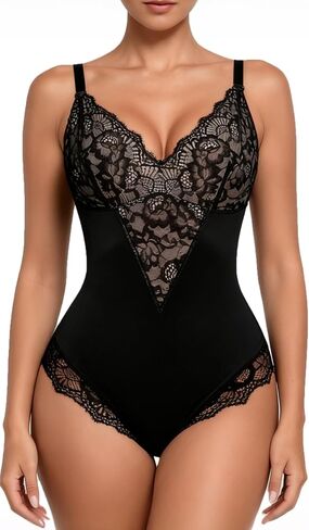 woahee Sexy Lace Bodysuit Women's Sleeveless V Neck Tummy Control Shapewear Backless Thong Body Suit Shaper in Kuwait
