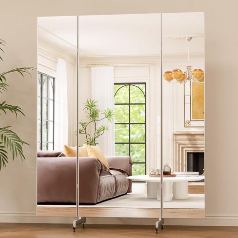 brisafe 67"x55" Folding Mirror with Wheels, 3-Panel Full Length Wall Mirror, Space-Saving Design, Shatterproof Nano Material, Portable Floor Mirror for Gym, Dance Studio, Home, Commercial Use, Silver in Saudi Arabia