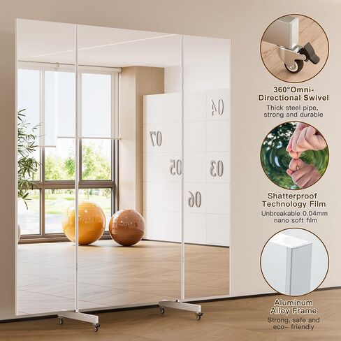 brisafe 67"x55" Folding Mirror with Wheels, 3-Panel Full Length Wall Mirror, Space-Saving Design, Shatterproof Nano Material, Portable Floor Mirror for Gym, Dance Studio, Home, Commercial Use, Silver in Saudi Arabia