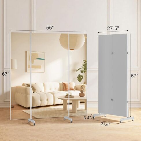 brisafe 67"x55" Folding Mirror with Wheels, 3-Panel Full Length Wall Mirror, Space-Saving Design, Shatterproof Nano Material, Portable Floor Mirror for Gym, Dance Studio, Home, Commercial Use, Silver in Saudi Arabia