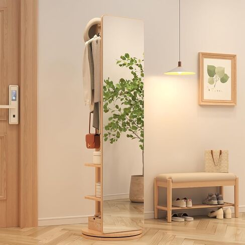 Muwuele Solid Wood Rotary Full Length Mirror Coat Rack, 69" x 20" Oversize Standing Mirror Full Length, Floor Mirror for Bedroom, Living Room, Entryway (Natural) in Saudi Arabia