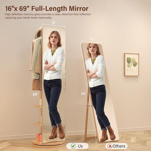 Muwuele Solid Wood Rotary Full Length Mirror Coat Rack, 69" x 20" Oversize Standing Mirror Full Length, Floor Mirror for Bedroom, Living Room, Entryway (Natural) in Saudi Arabia
