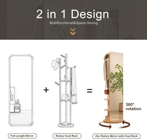 Muwuele Solid Wood Rotary Full Length Mirror Coat Rack, 69" x 20" Oversize Standing Mirror Full Length, Floor Mirror for Bedroom, Living Room, Entryway (Natural) in Saudi Arabia