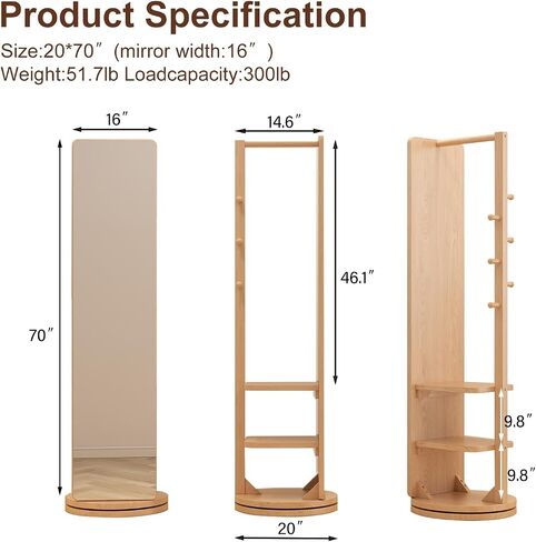 Muwuele Solid Wood Rotary Full Length Mirror Coat Rack, 69" x 20" Oversize Standing Mirror Full Length, Floor Mirror for Bedroom, Living Room, Entryway (Natural) in Saudi Arabia