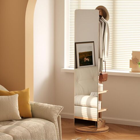 Muwuele Solid Wood Rotary Full Length Mirror Coat Rack, 69" x 20" Oversize Standing Mirror Full Length, Floor Mirror for Bedroom, Living Room, Entryway (Natural) in Saudi Arabia