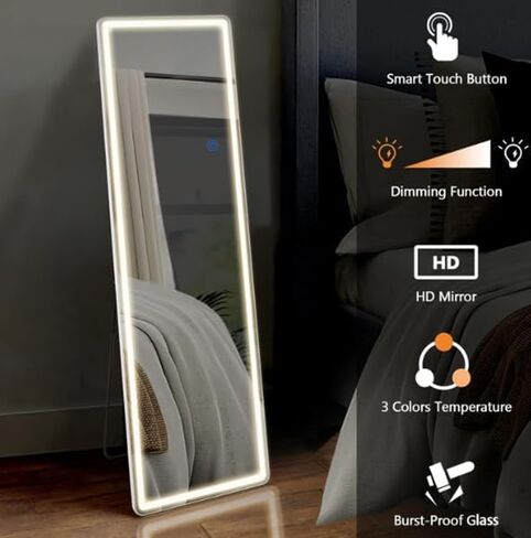 LED Full Length Mirror, 64"x21" Lighted Floor Mirror with Stand, 3-Color Dimmable Lighting, Wall Mounted Full Body Vanity Mirror for Bedroom, Dressing Room, Home Décor in Saudi Arabia