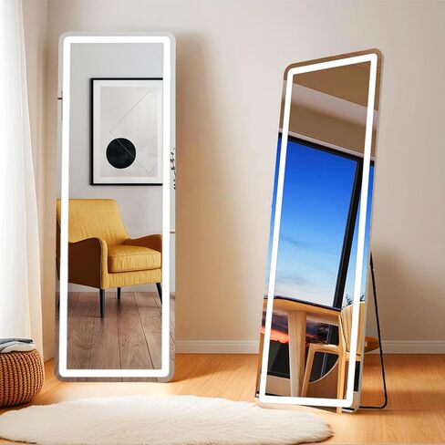 LED Full Length Mirror, 64"x21" Lighted Floor Mirror with Stand, 3-Color Dimmable Lighting, Wall Mounted Full Body Vanity Mirror for Bedroom, Dressing Room, Home Décor in Saudi Arabia