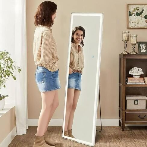 LED Full Length Mirror, 64"x21" Lighted Floor Mirror with Stand, 3-Color Dimmable Lighting, Wall Mounted Full Body Vanity Mirror for Bedroom, Dressing Room, Home Décor in Saudi Arabia