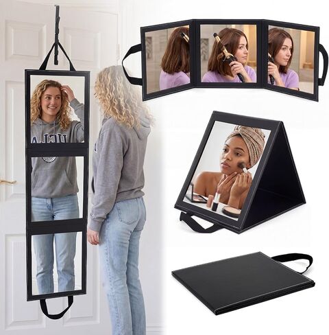 Novabright 3-Panel Over The Door Full Length Mirror, Foldable Hanging Acrylic Body/Makeup Mirror with Height Adjustable Hook for Bedroom Closet Bathroom, Dance Travel Camping (Black) in Saudi Arabia