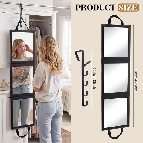 Novabright 3-Panel Over The Door Full Length Mirror, Foldable Hanging Acrylic Body/Makeup Mirror with Height Adjustable Hook for Bedroom Closet Bathroom, Dance Travel Camping (Black) in Saudi Arabia