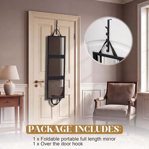 Novabright 3-Panel Over The Door Full Length Mirror, Foldable Hanging Acrylic Body/Makeup Mirror with Height Adjustable Hook for Bedroom Closet Bathroom, Dance Travel Camping (Black) in Saudi Arabia