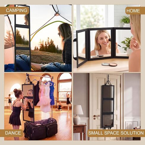 Novabright 3-Panel Over The Door Full Length Mirror, Foldable Hanging Acrylic Body/Makeup Mirror with Height Adjustable Hook for Bedroom Closet Bathroom, Dance Travel Camping (Black) in Saudi Arabia