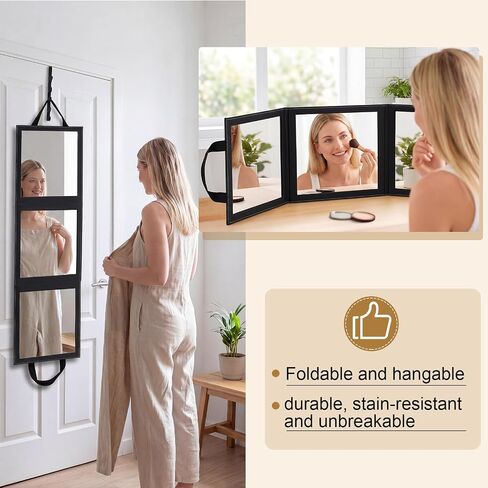 Novabright 3-Panel Over The Door Full Length Mirror, Foldable Hanging Acrylic Body/Makeup Mirror with Height Adjustable Hook for Bedroom Closet Bathroom, Dance Travel Camping (Black) in Saudi Arabia