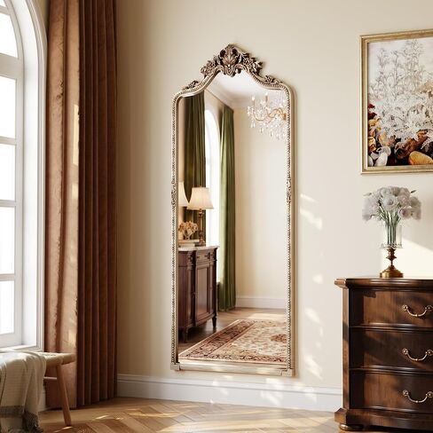 Vintage Champagne Silver Arched Full Length Mirror, 28"x69" Traditiona Ornate Baroque Floor Mirror with Carved, Home Decor for Bedroom Living Room Entryway Hallway in Saudi Arabia