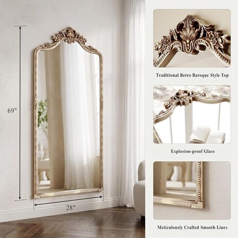 Vintage Champagne Silver Arched Full Length Mirror, 28"x69" Traditiona Ornate Baroque Floor Mirror with Carved, Home Decor for Bedroom Living Room Entryway Hallway in Saudi Arabia