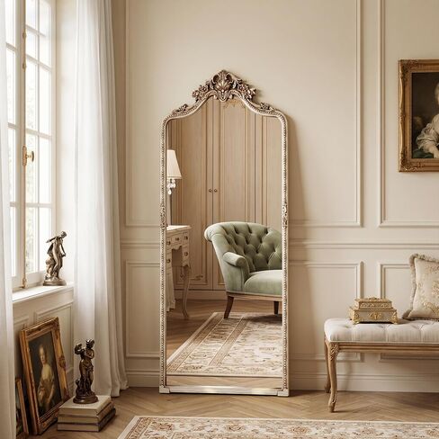Vintage Champagne Silver Arched Full Length Mirror, 28"x69" Traditiona Ornate Baroque Floor Mirror with Carved, Home Decor for Bedroom Living Room Entryway Hallway in Saudi Arabia