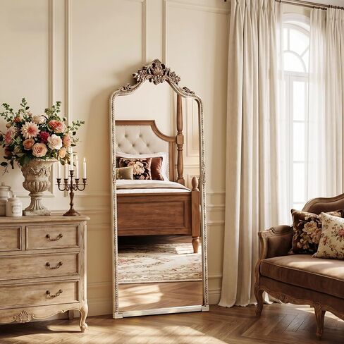 Vintage Champagne Silver Arched Full Length Mirror, 28"x69" Traditiona Ornate Baroque Floor Mirror with Carved, Home Decor for Bedroom Living Room Entryway Hallway in Saudi Arabia