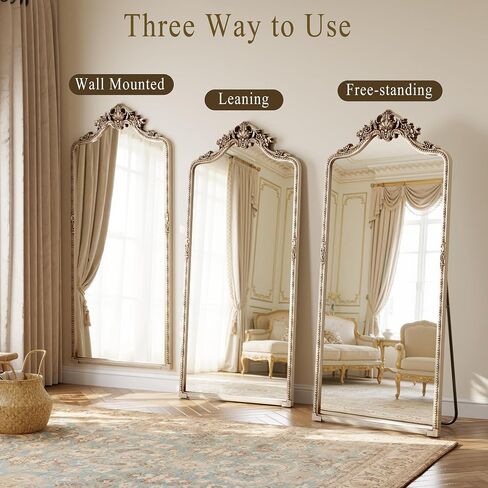 Vintage Champagne Silver Arched Full Length Mirror, 28"x69" Traditiona Ornate Baroque Floor Mirror with Carved, Home Decor for Bedroom Living Room Entryway Hallway in Saudi Arabia