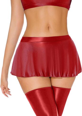 FEOYA Women Oil Glossy Micro Mini Skirt Shiny Rave Skirt Sheer Smooth Pleated Skirt Club Dance Party in Kuwait