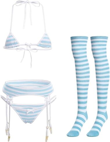 Women Cute Kawaii Anime Lingerie set Halter Strap Micro Bra Tiny Panty Garter Belt Striped Stockings 4Pcs Underwear in Kuwait