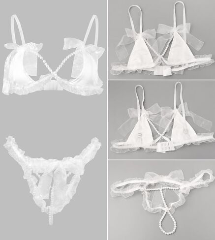 BIGFOX Sexy Lingerie for Women Bra and Panty Bow Lingerie Sets Ribbon Lingerie with Pearl High Stretch String Lingerie White in Saudi Arabia