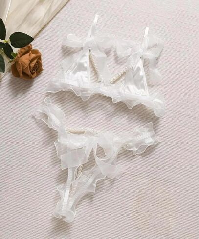 BIGFOX Sexy Lingerie for Women Bra and Panty Bow Lingerie Sets Ribbon Lingerie with Pearl High Stretch String Lingerie White in Saudi Arabia