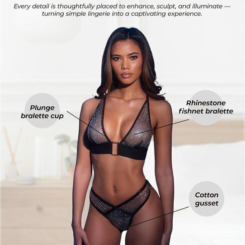 Sexy Lingerie For Women Roma Luxe Mirage 2 Piece Bralette and Panty Set Rhinestone Lingerie Bra & Thong in Fishnet Lace in Saudi Arabia