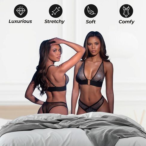 Sexy Lingerie For Women Roma Luxe Mirage 2 Piece Bralette and Panty Set Rhinestone Lingerie Bra & Thong in Fishnet Lace in Saudi Arabia