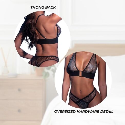 Sexy Lingerie For Women Roma Luxe Mirage 2 Piece Bralette and Panty Set Rhinestone Lingerie Bra & Thong in Fishnet Lace in Saudi Arabia