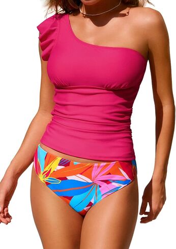CUPSHE Women's Tankini Sets One Shoulder Ruffle Two Piece Swimsuit Reversible Bottoms Removable Straps Swimwear in Kuwait