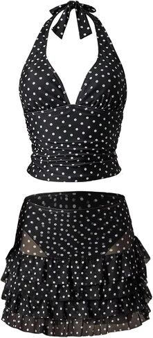Floerns Women's 3 Piece Polka Dots Tankini Sets Backless Halter Swimsuit Layered Ruffle Bathing Suit in Saudi Arabia