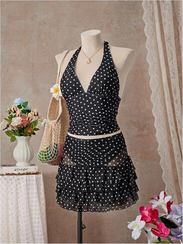Floerns Women's 3 Piece Polka Dots Tankini Sets Backless Halter Swimsuit Layered Ruffle Bathing Suit in Saudi Arabia