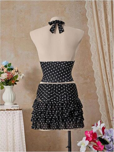 Floerns Women's 3 Piece Polka Dots Tankini Sets Backless Halter Swimsuit Layered Ruffle Bathing Suit in Saudi Arabia