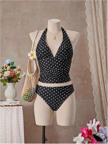 Floerns Women's 3 Piece Polka Dots Tankini Sets Backless Halter Swimsuit Layered Ruffle Bathing Suit in Saudi Arabia