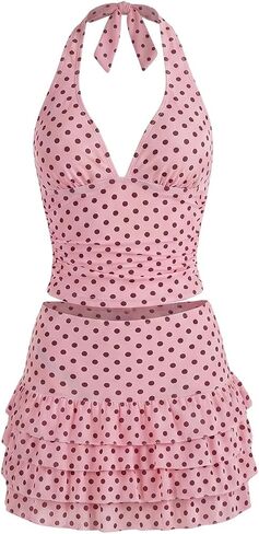 Floerns Women's 3 Piece Polka Dots Tankini Sets Backless Halter Swimsuit Layered Ruffle Bathing Suit in Kuwait