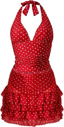 Floerns Women's 3 Piece Polka Dots Tankini Sets Backless Halter Swimsuit Layered Ruffle Bathing Suit in Saudi Arabia