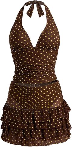 Floerns Women's 3 Piece Polka Dots Tankini Sets Backless Halter Swimsuit Layered Ruffle Bathing Suit in Saudi Arabia