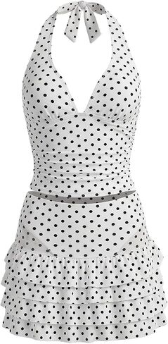 Floerns Women's 3 Piece Polka Dots Tankini Sets Backless Halter Swimsuit Layered Ruffle Bathing Suit in Saudi Arabia