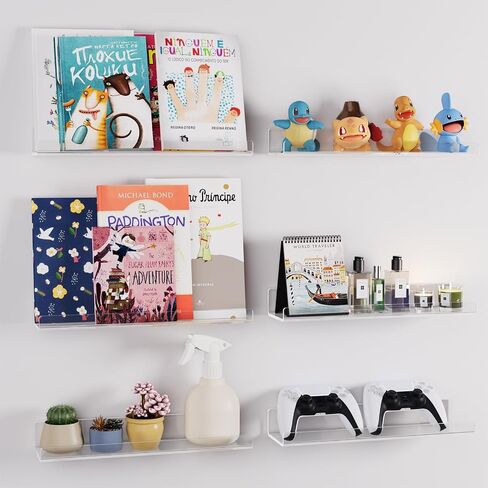 Albumgit 4 Pack Acrylic Shelves for Wall Storage, Self-Adhesive 15" White Floating Shelf for Pop Figures, Picture, Perfume, Books, Wall Shelf Organizer for Bathroom, Living Room, Bedroom, Kitchen in Saudi Arabia